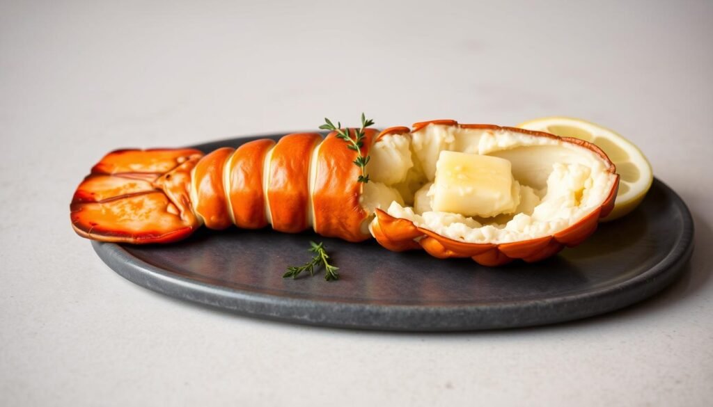 A golden brown, baked lobster tail resting on a slate-gray serving plate. The tail is split lengthwise, revealing tender, juicy meat glistening with butter. Sprigs of fresh thyme and lemon wedges provide a vibrant contrast. Soft, warm lighting casts a gentle glow, highlighting the tail's succulent texture. The background is a neutral, minimalist setting, allowing the lobster to be the focal point. A classic, elegant presentation that would complement the "How to Bake Lobster Tail" section of the cooking guide.
