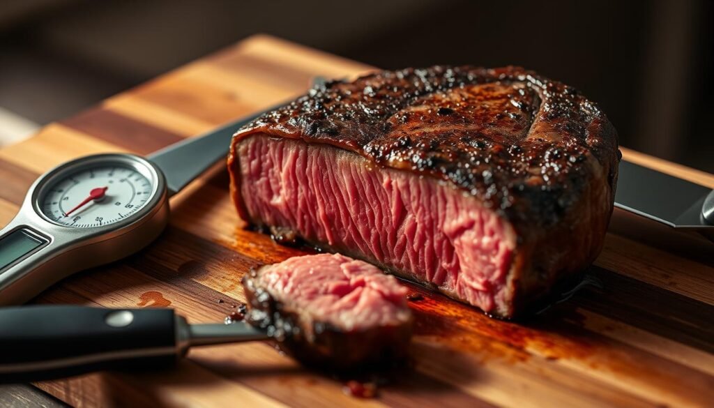 A gourmet filet mignon steak, perfectly seared with a delicate crust, resting on a wooden cutting board. The meat's interior is a delectable medium-rare, with a warm, pink center that oozes with juices. Precision kitchen tools, including a meat thermometer and a sharp chef's knife, are placed alongside the steak, emphasizing the importance of measuring the cooking temperature. Soft, natural lighting casts a warm glow, highlighting the steak's tender texture and the chef's attention to detail. The overall scene conveys the artistry and care required to achieve the ideal cooking temperature for this premium cut of beef.