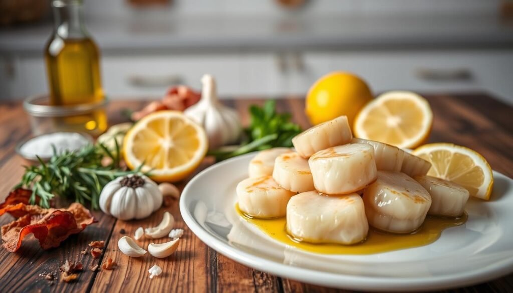 A gourmet still life composition showcasing the delectable flavors that pair perfectly with succulent scallops. In the foreground, a cluster of fresh scallops rests atop a glossy white plate, their tender ivory flesh glistening under soft, natural lighting. Surrounding them, an artful arrangement of complementary ingredients - juicy lemon wedges, fragrant herbs like thyme and parsley, roasted garlic cloves, and a drizzle of golden olive oil. In the middle ground, a selection of other flavor enhancers come into focus - crisp bacon bits, a sprinkle of sea salt, and a touch of cracked black pepper. The background features a rustic wooden table, with a backdrop of a minimalist kitchen interior, hinting at the culinary expertise required to craft the perfect scallop dish.