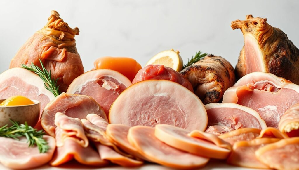 A high-quality close-up image of various types of ham arranged in a visually appealing layout. The hams should be presented with a sense of artistry, capturing their unique shapes, textures, and colors. The foreground should feature a diverse selection of ham cuts, including prosciutto, serrano, iberico, and smoked ham, all showcased against a clean, neutral background that allows the hams to be the central focus. Soft, natural lighting should gently illuminate the scene, highlighting the nuanced details and subtle shades of the different ham varieties. The overall mood should convey a sense of culinary expertise and appreciation for the diverse world of ham.