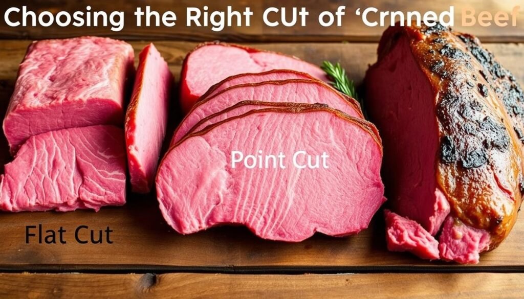 A high-quality, detailed photographic image of various types of corned beef, including flat cut, point cut, and brisket, arranged on a rustic wooden surface. The cuts are displayed in an appealing, appetizing manner, with natural lighting highlighting their texture and marbling. The image conveys a sense of culinary expertise and the importance of selecting the right cut of corned beef for optimal cooking and flavor. The overall mood is warm, inviting, and informative, serving as a visual guide for the "Choosing the Right Cut of Corned Beef" section of the article.
