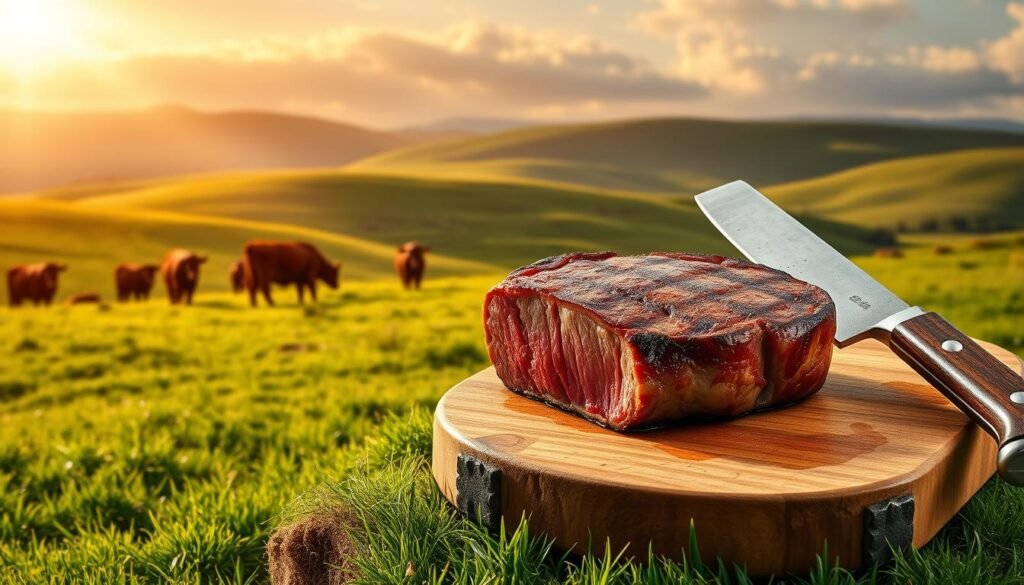 A high-quality, high-resolution image depicting the history and origins of filet mignon, a classic and revered cut of beef. The scene showcases a lush, verdant meadow with rolling hills in the background, illuminated by warm, golden sunlight filtering through wispy clouds. In the foreground, a group of cattle grazes peacefully, their sleek coats glistening. Prominently displayed is a succulent filet mignon steak, its tender, pink interior contrasting with the seared, caramelized exterior. Accompanying the steak are antique butchery tools, such as a well-worn cleaver and a traditional meat-cutting block, hinting at the artisanal craftsmanship involved in preparing this premium cut of beef. The overall mood is one of rustic elegance, conveying the timeless tradition and inherent quality of filet mignon.