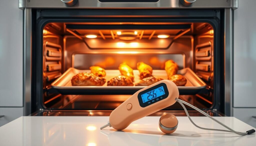 A large, stainless steel oven with a bright interior illumination casts a warm glow on a baking tray holding several golden-brown chicken wings. The wings are arranged in a neat pattern, their crispy skin glistening under the oven's carefully calibrated lighting. In the foreground, a digital meat thermometer displays the optimal internal temperature for perfectly cooked chicken wings. The background features a minimalist, modern kitchen setting with clean, white surfaces and subtle reflections, emphasizing the straightforward nature of this culinary task. The overall atmosphere conveys a sense of efficiency, precision, and the satisfying result of following the right oven time for delicious, oven-baked chicken wings.