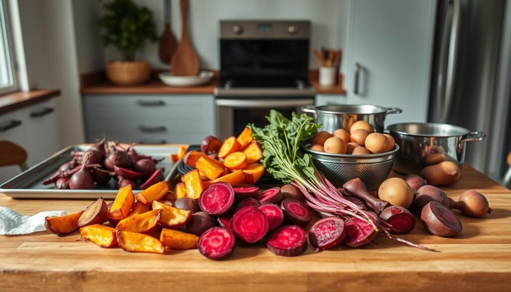A modern, minimalist kitchen interior with a wooden table and natural lighting. On the table, an assortment of beets prepared using various cooking methods: roasted beets with a golden, caramelized exterior, steamed beets with their vibrant, jewel-toned color, and boiled beets with a tender, soft texture. Neatly arranged around the beets are culinary tools and utensils used for each cooking technique, such as a baking sheet, a steamer basket, and a pot. The scene exudes a sense of simplicity, highlighting the versatility and inherent beauty of the humble beet.