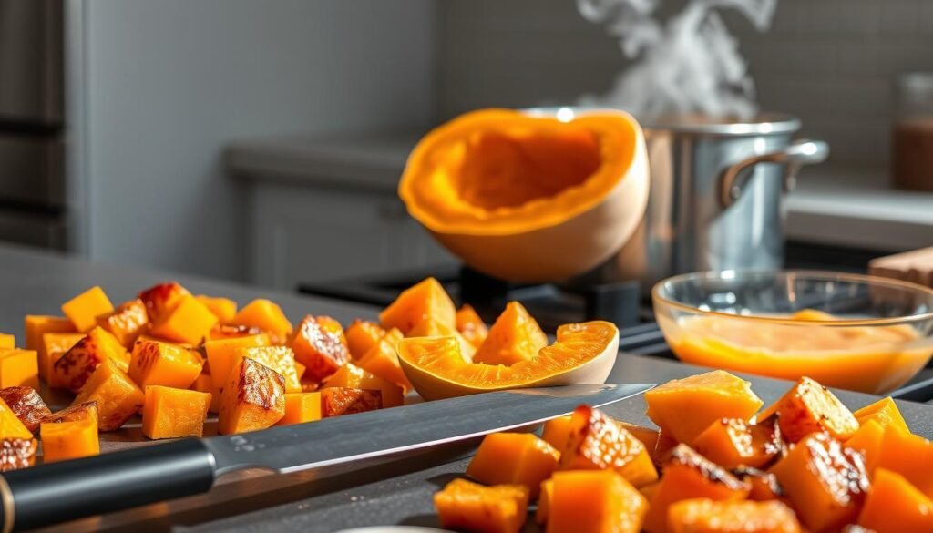A modern, minimalist kitchen scene showcasing various cooking methods for butternut squash. In the foreground, a slate countertop displays roasted butternut squash cubes, their golden-brown caramelized edges glistening under bright, natural lighting. In the middle ground, a chef's knife carefully slices through a halved butternut squash, revealing its vibrant orange flesh. In the background, a stainless steel saucepan simmers with simmering butternut squash puree, steam gently rising. The scene is bathed in a warm, soft color palette, conveying a sense of culinary expertise and the comforting aroma of autumn flavors.