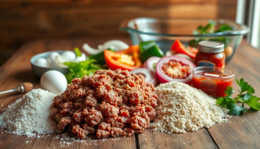 A neatly arranged assortment of common meatloaf ingredients on a rustic wooden surface, illuminated by warm, natural lighting from the side. In the foreground, a pile of ground beef, breadcrumbs, eggs, and seasonings like salt, pepper, and garlic powder. In the middle ground, sliced onions, bell peppers, and tomato paste. In the background, a glass baking dish and a few sprigs of fresh parsley, creating a cozy, homemade atmosphere. The composition emphasizes the simplicity and wholesome nature of the meatloaf-making process, setting the stage for understanding the basics of this classic comfort food.