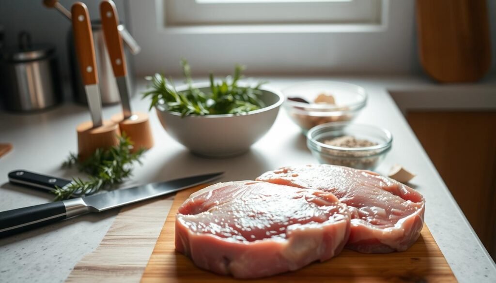 A neatly arranged kitchen countertop, softly illuminated by natural light filtering through a nearby window. In the foreground, a pair of fresh pork chops sit on a wooden cutting board, awaiting preparation. The chops are plump, with a slight marbling of fat visible. Beside them, a set of sharp, gleaming kitchen knives stand ready. In the middle ground, a bowl of fragrant herbs and spices - rosemary, thyme, and garlic - waits to be used in the seasoning process. The background is blurred, hinting at the wider kitchen space, creating a sense of focus and anticipation on the task at hand. An aura of culinary craftsmanship and attention to detail permeates the scene.