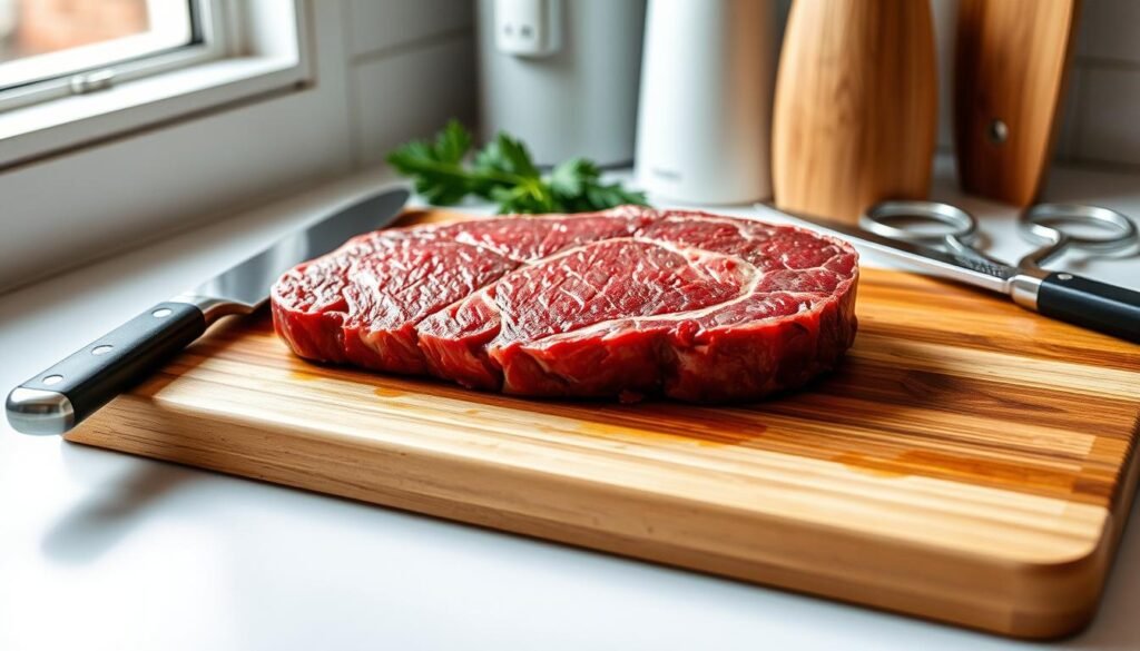 A neatly arranged wooden cutting board rests on a clean kitchen counter, illuminated by soft, natural lighting. Atop the board, a succulent filet mignon steak sits, its deep red hue and marbled texture inviting closer inspection. Alongside, a set of sharp, gleaming knives and kitchen shears stand ready, their polished blades catching the light. The scene exudes a sense of culinary preparation, with the filet mignon taking center stage as the protagonist of this culinary masterpiece in the making.
