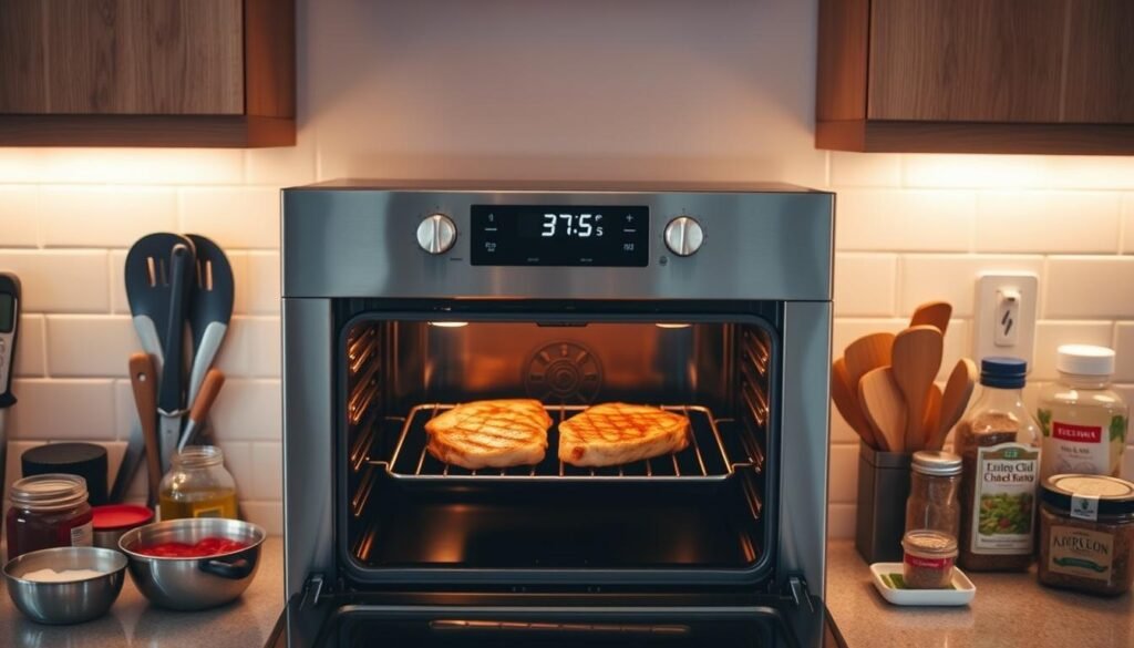A neatly organized kitchen counter, illuminated by warm, indirect lighting. In the center, a stainless steel oven with a digital temperature display set to the optimal 375°F (190°C) for perfectly cooked pork chops. Surrounding the oven, various cooking utensils and ingredients, including a meat thermometer, olive oil, and seasoning blends. The pork chops themselves are visible through the oven's glass door, glistening with a golden-brown sear. The overall atmosphere conveys a sense of culinary expertise and attention to detail, perfectly suited for the "Recommended Oven Temperature for Pork Chops" section of the article.