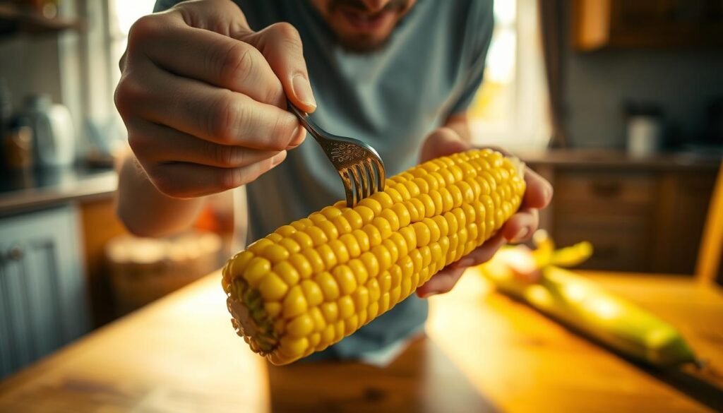 A person closely examining an ear of golden corn, illuminated by warm natural light filtering through a kitchen window. The corn is held in the foreground, its kernels glistening, as the person gently probes it with a fork, checking for tenderness and doneness. The middle ground features a wooden table, subtly textured, while the background is softly blurred, suggesting a cozy domestic setting. The scene conveys a sense of careful attention and anticipation, reflecting the importance of timing when cooking corn on the cob.