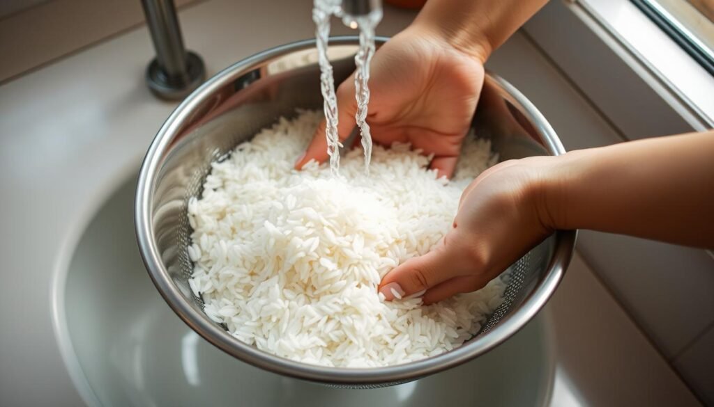 A person's hands gently rinsing white rice grains under a steady stream of cool, clear water in a metal colander or sieve. The rice is held up to the light, allowing individual grains to be clearly seen as they are swirled and agitated to remove any excess starch or impurities. The kitchen counter is clean and uncluttered, with a neutral, soft-toned background that allows the focus to remain on the delicate, mindful act of washing the rice. Soft, diffused natural lighting from a nearby window casts a warm, inviting glow over the scene, emphasizing the care and attention being paid to this essential step in the rice preparation process.