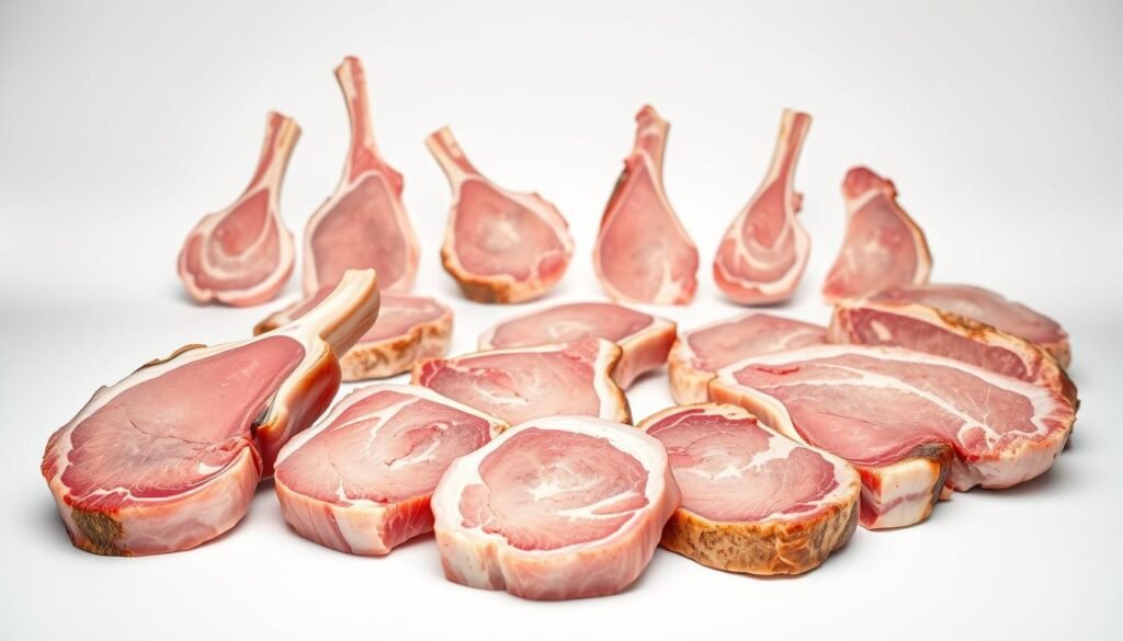 A pristine white background, evenly lit from multiple angles to showcase the different cuts of pork chops arranged in an elegant display. In the foreground, a prime rib chop, a bone-in chop, and a boneless chop, each with distinct marbling and hues of pink and beige. In the middle ground, a selection of thicker, center-cut chops and thinner, loin chops, highlighting the variety of shapes and sizes. The background features silhouettes of different chop profiles, emphasizing the unique textures and grains of the meat. The overall composition conveys a sense of culinary expertise and appreciation for the different types of pork chops.