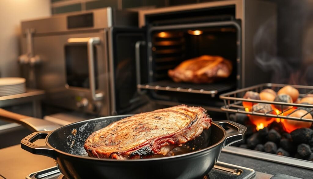 A professional chef's kitchen showcasing various cooking methods for prime rib. In the foreground, a sizzling cast-iron pan with a perfectly seared prime rib roast, releasing aromatic juices. In the middle ground, a modern convection oven with the door ajar, revealing a medium-rare prime rib inside. In the background, a charcoal grill with glowing embers, ready to impart a distinctive smoky flavor. Soft, diffused lighting casts warm shadows, creating an inviting atmosphere. The scene captures the essence of mastering different cooking techniques to achieve the ultimate prime rib experience.