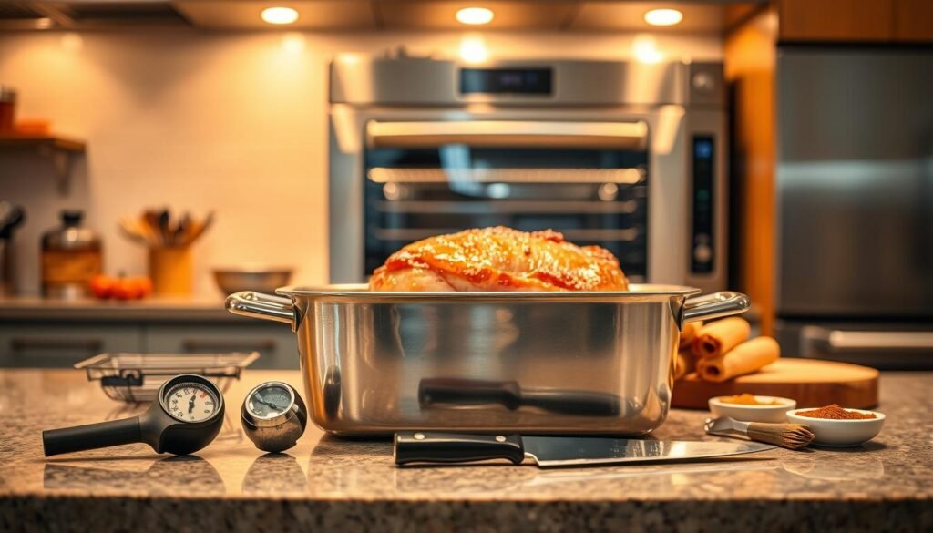 A professional-grade kitchen countertop, illuminated by warm, overhead lighting and showcasing a variety of essential ham cooking equipment. In the foreground, a large, heavy-duty roasting pan sits prominently, its shiny, metal surface gleaming. Beside it, a high-quality meat thermometer and a sharp carving knife rest, ready for precise temperature monitoring and clean slicing. In the middle ground, a sturdy basting brush and a collection of aromatic spices in small bowls suggest the flavorful preparation process. In the background, a modern, convection oven stands ready to evenly cook the ham to perfection, its stainless steel exterior reflecting the scene. The overall atmosphere exudes a sense of culinary expertise and attention to detail, perfect for illustrating the essential tools needed for cooking ham.