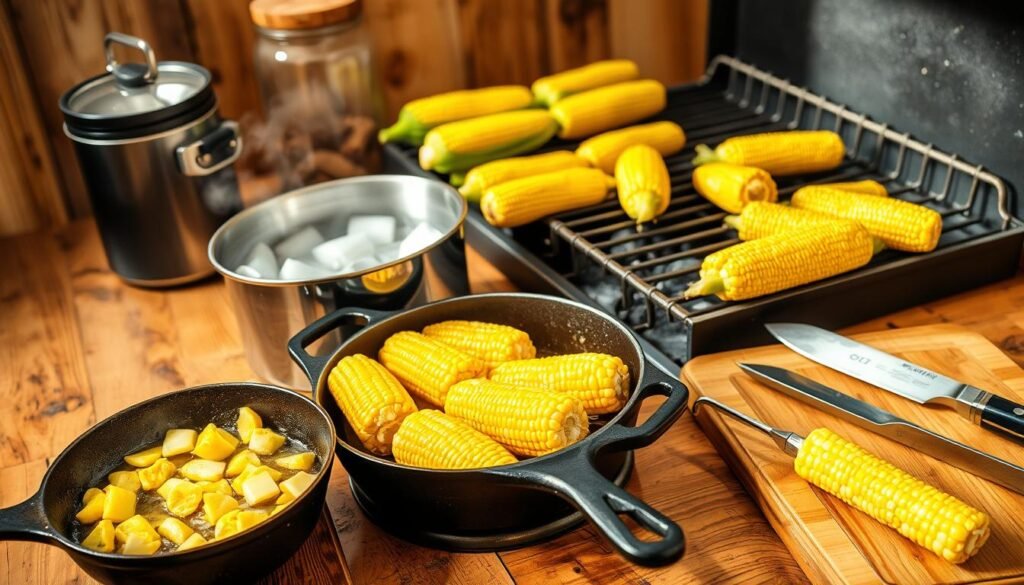 A rustic kitchen counter, bathed in warm, natural light, showcases various cooking methods for fresh corn on the cob. In the foreground, a cast-iron skillet sizzles with kernels sautéed in butter, while a pot of boiling water steams nearby, ready to blanch and tenderize cobs. In the middle ground, a charcoal grill stands ready, its grates bearing corn charred to perfection. In the background, a wooden cutting board displays an array of kitchen tools - a sharp chef's knife, a specialized corn stripper, and a pair of tongs, all poised to assist in the preparation of this humble yet versatile vegetable. The scene exudes a sense of culinary experimentation and the joy of discovering new ways to bring out the best in corn.
