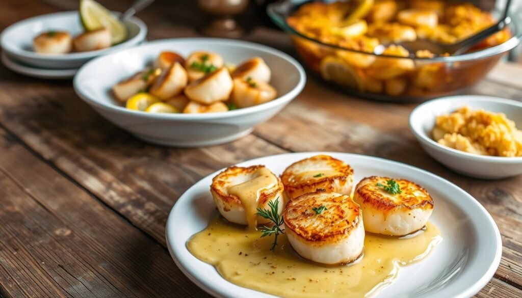 A rustic wooden table, adorned with an array of delectable scallop dishes. In the foreground, seared scallops drizzled with a tantalizing lemon-butter sauce, garnished with fragrant herbs. In the middle ground, a scallop ceviche served in a pristine white bowl, the citrus-cured seafood glistening. In the background, a baked scallop casserole, its golden breadcrumb topping inviting the senses. Soft, natural lighting illuminates the scene, creating a warm, inviting atmosphere. The overall composition evokes the essence of "Scallop Recipes for Every Occasion," showcasing the versatility and deliciousness of this beloved seafood.