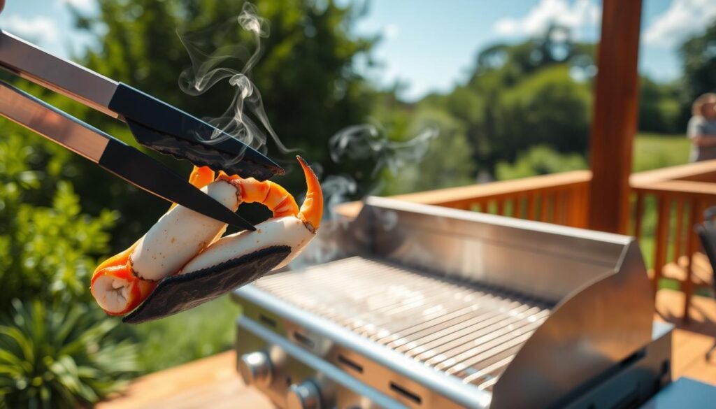 A sizzling outdoor scene on a warm summer day. In the foreground, a pair of grill tongs deftly handle succulent crab legs, their shells glistening with a light char. Wisps of fragrant smoke curl upwards, hinting at the savory flavors to come. In the middle ground, a sleek, stainless-steel grill sits atop a sturdy wooden deck, its grates radiating an even, golden glow. Lush greenery and a clear blue sky frame the tranquil setting, creating a serene yet mouthwatering atmosphere. The lighting is natural and soft, casting a warm, inviting ambiance over the entire scene.