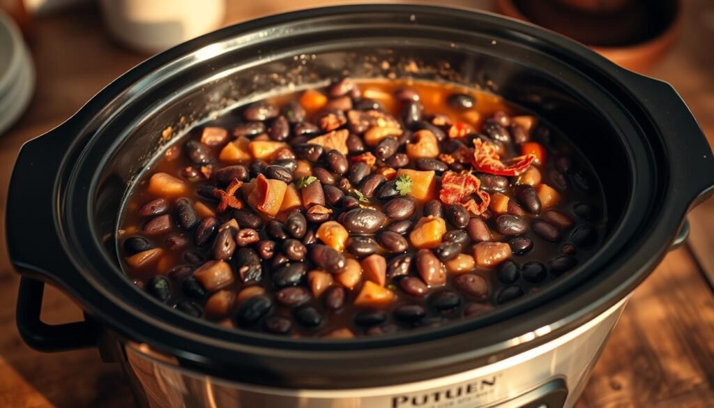 A slow cooker filled with a rich, savory stew of black beans, simmered to perfection with aromatic herbs, spices, and a hint of smoky bacon. The beans are tender and creamy, surrounded by a deep, complex broth that has been slowly developed over hours of gentle, moist heat. The scene is bathed in warm, golden light, casting a cozy, homey atmosphere. The slow cooker itself is placed on a rustic wooden table, its polished ceramic surface gleaming invitingly. In the background, a simple, minimalist kitchen scene provides a clean, uncluttered backdrop, allowing the beans to take center stage.