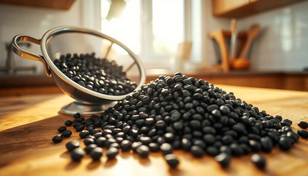 A stainless steel colander sits on a wooden kitchen counter, its black beans spilling out in an organized pile. Bright sunlight streams in through a nearby window, casting warm shadows and highlights across the beans. The camera captures the scene from a slightly elevated angle, showcasing the tactile texture of the dried legumes and the natural grain of the wood surface. A sense of culinary preparation and wholesome, rustic simplicity pervades the composition.