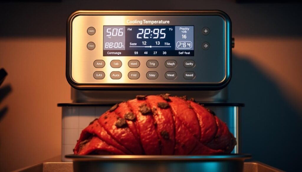 A stainless steel kitchen appliance, its surface gleaming under warm, soft lighting. Atop it, an array of cooking temperatures displayed on a sleek digital display, the numbers and labels crisp and legible. In the foreground, a succulent corned beef brisket, its reddish-brown hue and textured fat cap inviting the viewer to imagine its tender, flavorful texture. The background fades into a subtle, muted tone, keeping the focus on the essential information for perfectly cooked corned beef. A sense of culinary expertise and attention to detail pervades the scene, creating a visually appealing and informative illustration.