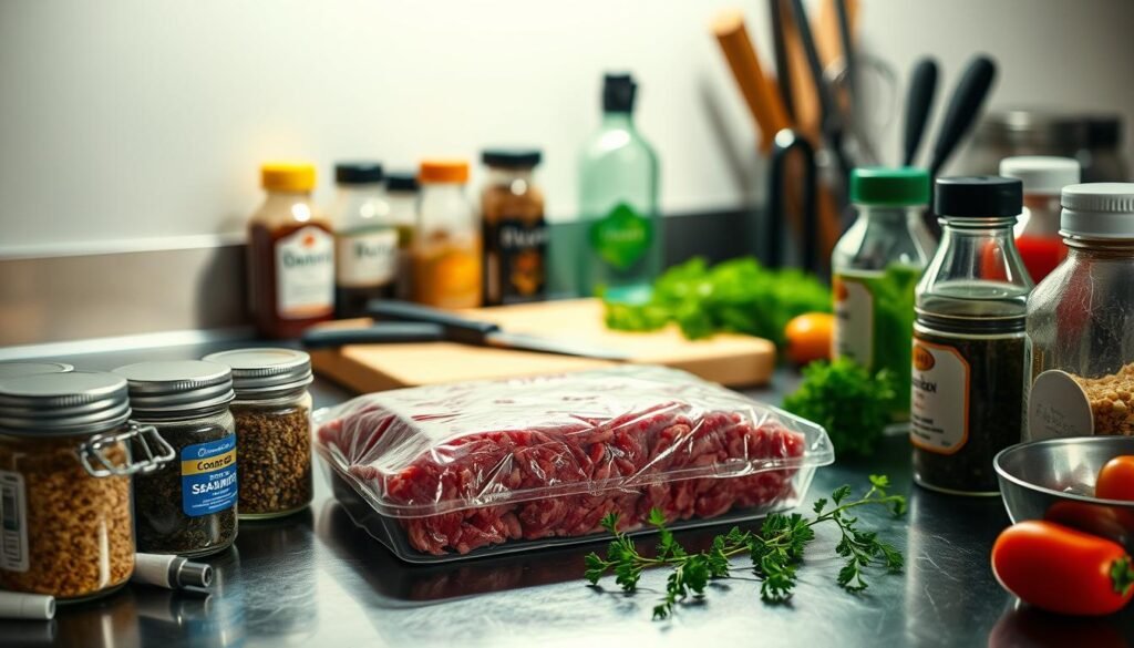 A stainless steel kitchen counter with a thawing block of ground beef, accompanied by a selection of seasoning jars and bottles in the foreground. Indirect lighting casts a warm, natural glow, highlighting the textures and colors of the ingredients. In the middle ground, a cutting board, knife, and a few sprigs of fresh herbs create a sense of preparation. The background is softly blurred, focusing the viewer's attention on the central elements. The overall mood is one of culinary anticipation, inviting the viewer to imagine the flavorful dish to come.