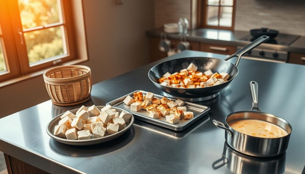 A stainless steel kitchen countertop, bathed in warm, natural light from large windows. On the surface, various cooking methods for tofu are neatly arranged: a steaming bamboo basket, a sizzling wok with crispy tofu cubes, a baking sheet with marinated tofu slices, and a saucepan with a creamy tofu-based sauce. The scene exudes a sense of culinary mastery, inviting the viewer to explore the versatility of this nutritious ingredient. The composition is balanced, with clean lines and a focus on the different techniques, creating a visually appealing and informative image.
