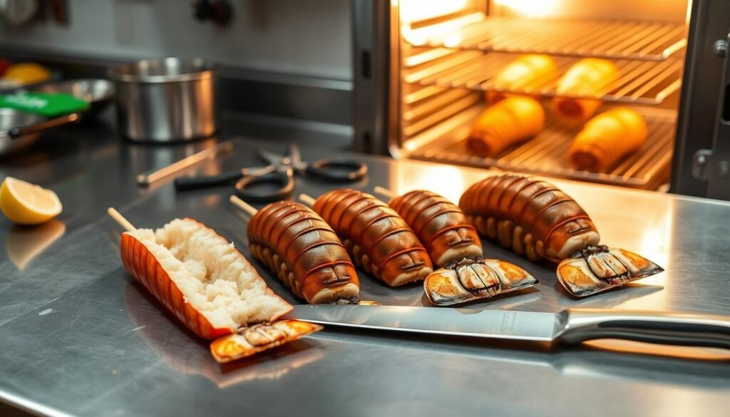 A stainless steel kitchen countertop with various cooking tools and techniques for preparing lobster tails. In the foreground, three succulent lobster tails in different stages of preparation - one split lengthwise, one skewered, and one ready to be baked. In the middle ground, a sharp chef's knife, kitchen shears, and a lemon wedge. In the background, a hot oven with a glass door, casting a warm glow and highlighting the steaming, golden-brown lobster tails inside. The scene is well-lit, with soft shadows and a clean, professional atmosphere, showcasing the different methods for cooking delicious lobster tails.
