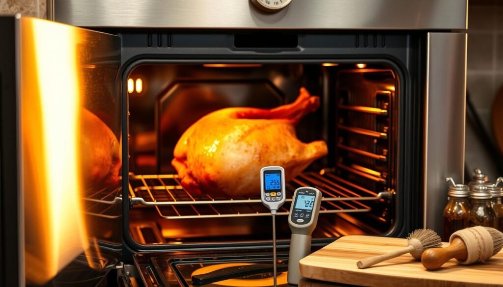 A stainless steel oven with the door slightly ajar, revealing a succulent ham roasting inside. Warm, golden light filters through the opening, casting a cozy glow on the scene. On the countertop, a digital meat thermometer stands ready, its display indicating the current internal temperature of the ham. Surrounding the oven, various kitchen utensils and ingredients hint at the preparation process - a cutting board, a basting brush, and a few aromatic spices. The atmosphere is one of anticipation, as the viewer imagines the delicious aroma filling the kitchen and the impending moment when the ham will be perfectly cooked, ready to be sliced and served.