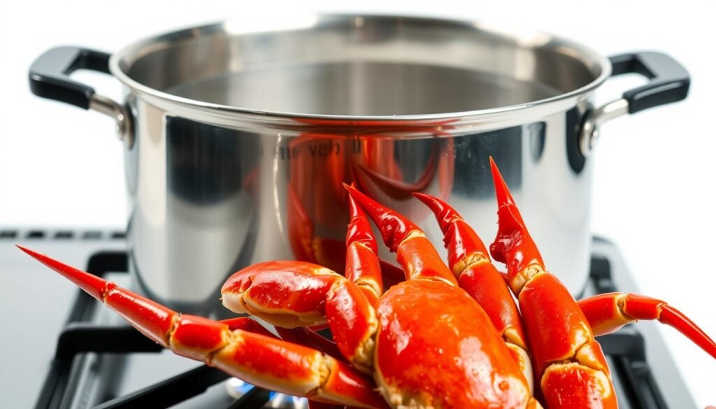 A stainless steel pot filled with clear water, set on a gas stove with the flames licking the bottom. Crisp, fresh crab legs in the foreground, their vibrant red shells glistening under bright studio lighting. Droplets of condensation forming on the pot's surface as the water begins to boil, creating a sense of steam and anticipation. The image has a clean, minimalist aesthetic, with a simple white background to keep the focus on the crab legs and the cooking process. The overall mood is one of culinary preparedness, highlighting the straightforward steps to perfectly boiled crab legs.