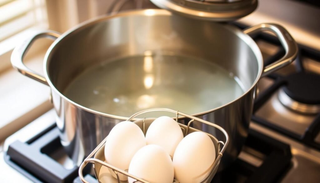 A stainless steel pot filled with water, gently simmering on a gas stove. In the foreground, several raw eggs in a metal egg holder, ready to be lowered into the hot water. The lighting is soft and natural, with a warm, inviting atmosphere. The camera angle is slightly elevated, providing a clear view of the process. The pot's lid is slightly ajar, allowing steam to escape. The scene conveys a sense of culinary expertise and attention to detail, perfect for illustrating the "The Boiling Method: Step-by-Step Guide" section of the article on hard-boiled eggs.