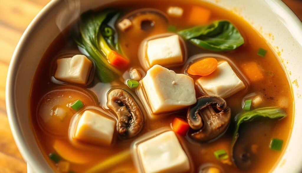 A steaming bowl of savory tofu soup, the rich broth infused with the umami flavors of soy sauce, ginger, and scallions. Tender cubes of silky tofu float amidst vibrant slices of mushrooms, bok choy, and carrots, creating a harmonious blend of textures and colors. Warm, soft lighting casts a comforting glow, inviting the viewer to imagine the soothing, nourishing experience of enjoying this simple yet delectable dish. The scene is captured from a high angle, showcasing the depth and layers of the soup, with a subtle depth of field effect drawing the eye to the focal point of the tofu and vegetables.