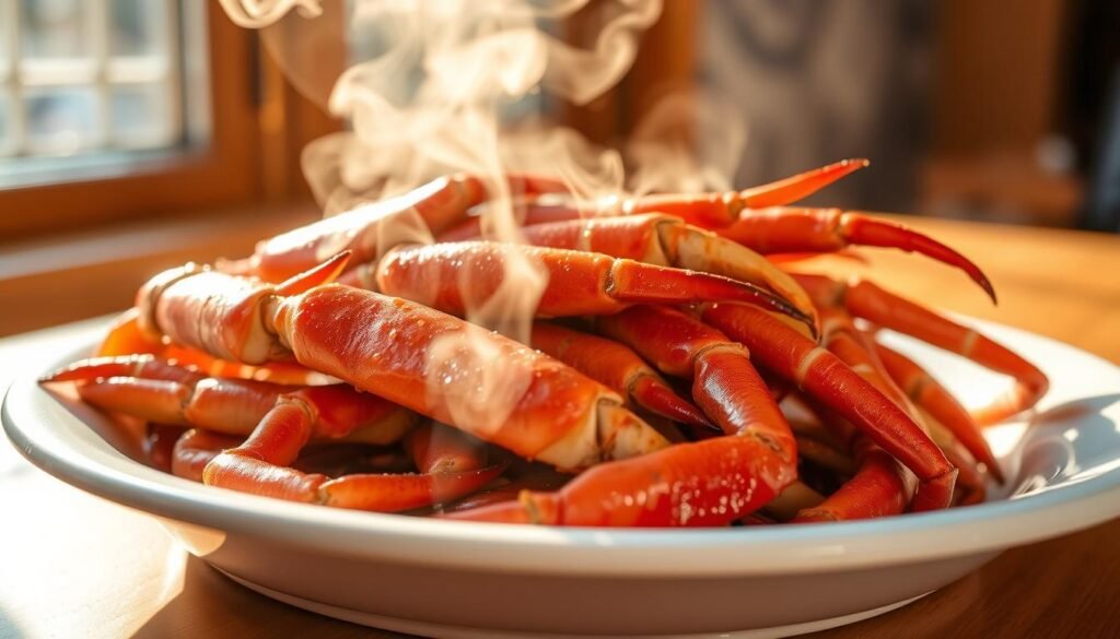 A steaming pile of fresh crab legs, glistening with condensation, resting on a white ceramic platter. The legs are a deep red-orange hue, with delicate tendrils of steam curling upwards, emanating a mouthwatering aroma. The scene is illuminated by warm, natural lighting from a window, casting a soft, golden glow and casting subtle shadows that accentuate the textural details of the succulent crustacean. The background is blurred, keeping the focus entirely on the tantalizing crab legs in the center of the frame, inviting the viewer to imagine the satisfying sensation of cracking open the shells and savoring the sweet, tender meat within.