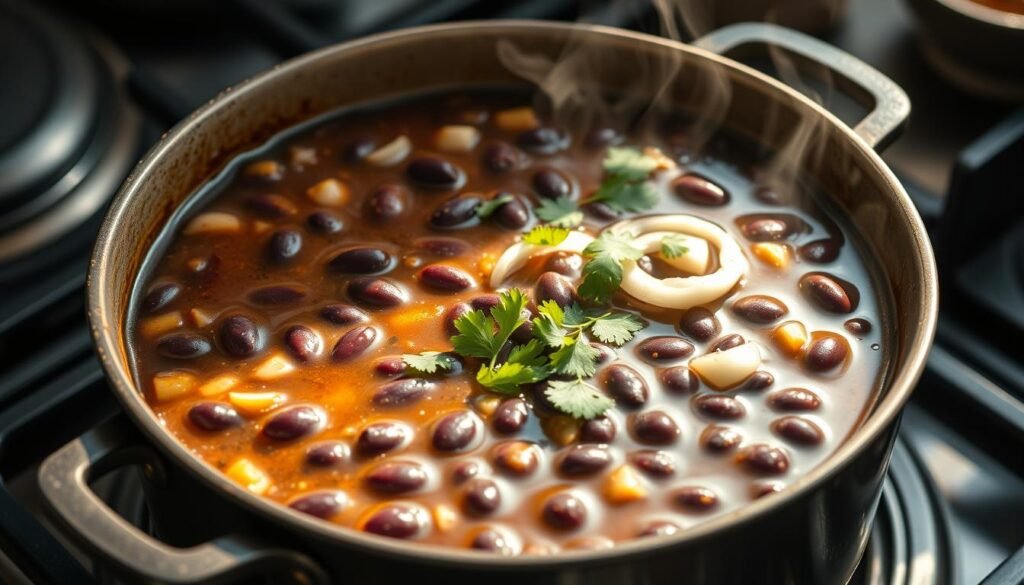 A steaming pot of black beans simmers on a cast-iron stovetop, gently bubbling and releasing an aromatic blend of savory spices. The beans, cooked to a perfect tender consistency, are nestled in a rich, velvety sauce that glistens under the warm, natural lighting. Sliced onions and garlic add depth and complexity to the dish, while a scattering of fresh cilantro leaves provides a vibrant, herbal accent. The composition captures the rustic, homemade essence of this classic comfort food, inviting the viewer to imagine the satisfying texture and flavor of the stovetop-cooked black beans.