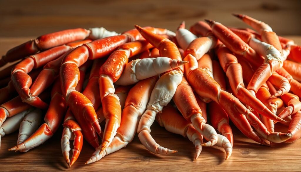 A still life showcase of various types of delectable crab legs, meticulously arranged on a wooden surface. The legs are captured in crisp detail, showcasing their distinct shapes, textures, and hues - from the vibrant red of Alaskan king crab to the delicate white of Dungeness crab. The lighting is natural, casting soft shadows that accentuate the curves and contours of the crustacean appendages. The background is blurred, allowing the crab legs to take center stage and command the viewer's attention. This visually captivating image serves to educate and inspire the audience on the diverse range of crab leg varieties available for culinary exploration.