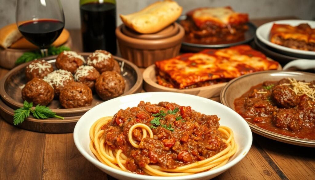 A sumptuous array of classic Italian Bolognese sauce and ground beef dishes, artfully arranged on a rustic wooden table. In the foreground, a steaming bowl of rich, meaty Bolognese sauce clings to freshly cooked pasta. Surrounding it, juicy meatballs and hearty beef lasagna, glistening with melted cheese. Soft, fragrant garlic bread and a glass of robust red wine set the mood. Warm, directional lighting casts a cozy glow, while a neutral background allows the mouthwatering dishes to take center stage. This scene evokes the comforting flavors and convivial spirit of traditional Italian cuisine.