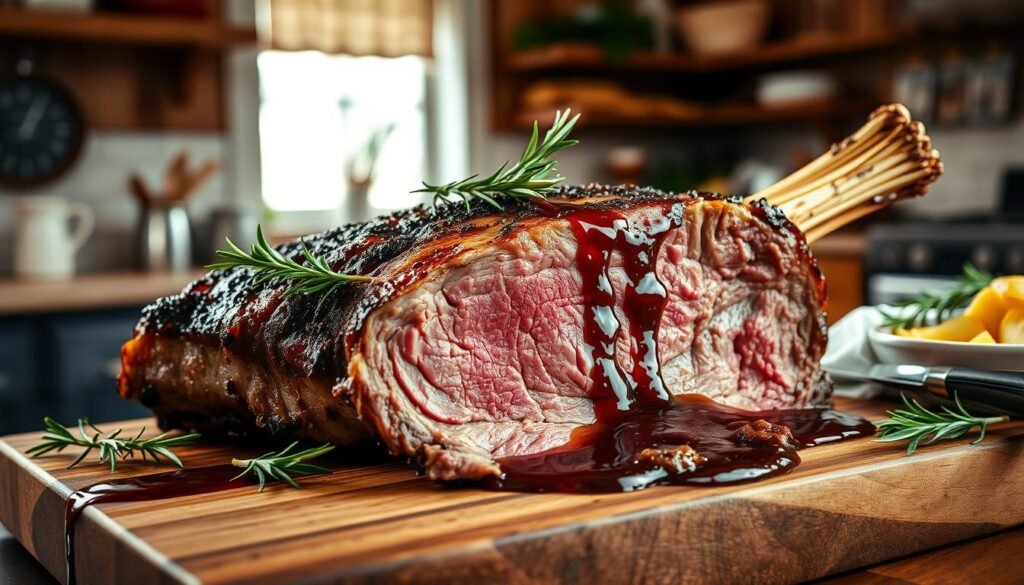 A sumptuous prime rib feast, captured in a high-resolution photograph. The juicy, perfectly-seared meat sits atop a wooden cutting board, garnished with fresh rosemary sprigs and a drizzle of rich, savory au jus. Soft, natural lighting illuminates the scene, casting a warm glow and emphasizing the tender, mouthwatering texture of the prime rib. In the background, a rustic, farmhouse-style kitchen provides a cozy, inviting atmosphere, hinting at the delicious, homemade meal to come. The image conveys the indulgence and comfort of a classic prime rib recipe, ready to be savored and enjoyed.
