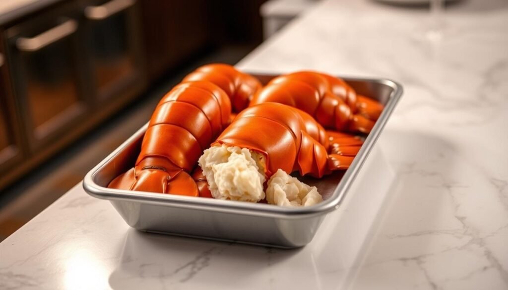 A tray of fresh, succulent lobster tails resting on a white marble countertop, the shell glistening with a slight sheen. The tails are plump and inviting, their vibrant orange-red hue accentuated by soft, warm lighting from above. The scene is captured in a slightly elevated perspective, showcasing the textural details of the lobster meat and shell. The background is softly blurred, keeping the focus solely on the delectable centerpiece. An atmosphere of culinary anticipation and high-quality ingredients permeates the frame, hinting at the delicious possibilities of preparing these premium seafood delicacies.