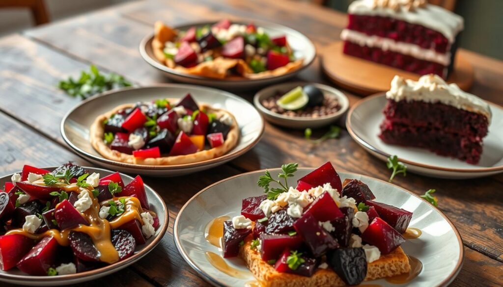 A vibrant collection of creatively plated beet dishes, artfully arranged on a rustic wooden table. In the foreground, a beautifully roasted beet salad with a drizzle of honey-mustard dressing, garnished with crumbled feta and fresh herbs. Beside it, a colorful beet and goat cheese tart with a flaky pastry crust. In the middle ground, a hearty beet and quinoa buddha bowl, the vibrant beet cubes complemented by the earthy grains and crisp vegetables. In the background, a rich beet and chocolate cake, its deep burgundy hue contrasting with a delicate white frosting. Soft, natural lighting casts a warm glow over the scene, highlighting the diverse textures and flavors of these creative beet-based dishes.
