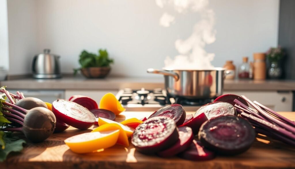 A vibrant, step-by-step guide to cooking beets. In the foreground, freshly harvested beets are being peeled, sliced, and arranged on a rustic wooden cutting board. Warm, natural lighting illuminates the rich, earthy tones of the beets. In the middle ground, a saucepan simmers on a gas stove, steam rising as the beets are added. The background features a simple, minimalist kitchen with clean white walls and stainless steel appliances, creating a calm, focused atmosphere. The overall scene conveys a sense of culinary expertise and attention to detail, perfectly complementing the "Cooking Beets: A Step-by-Step Guide" section.