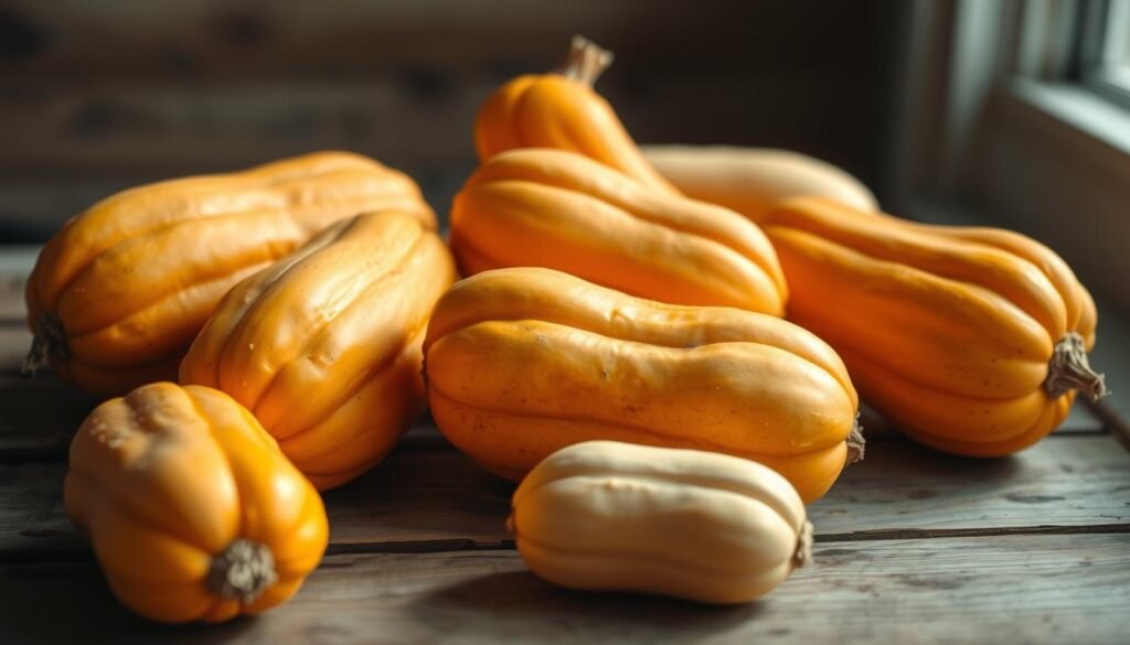 A vibrant still life of fresh butternut squashes in varying shades of orange and beige, arranged on a rustic wooden surface. The squashes are showcased in the foreground, capturing their smooth, oblong shapes and distinctive ridges. Soft, natural lighting bathes the scene, highlighting the squashes' luminous skin and casting gentle shadows. The background is subtly blurred, creating a serene, uncluttered focus on the produce. The overall composition conveys a sense of abundance, quality, and the visual appeal of these versatile winter gourds.