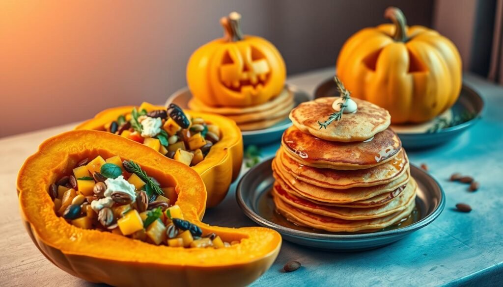 A vibrant still life scene showcasing a variety of creative and unexpected uses for butternut squash. In the foreground, a butternut squash carved into a decorative bowl, filled with a vibrant salad of diced squash, roasted seeds, and fresh herbs. To the side, a butternut squash sliced lengthwise and roasted, topped with a dollop of ricotta and drizzled with honey. In the middle ground, a stack of butternut squash pancakes, golden and fluffy, garnished with a sprig of thyme. In the background, a butternut squash transformed into a whimsical jack-o'-lantern, its carved face glowing softly. Warm, soft lighting casts a cozy, autumnal glow over the entire scene. Lens: 50mm. Angle: overhead.