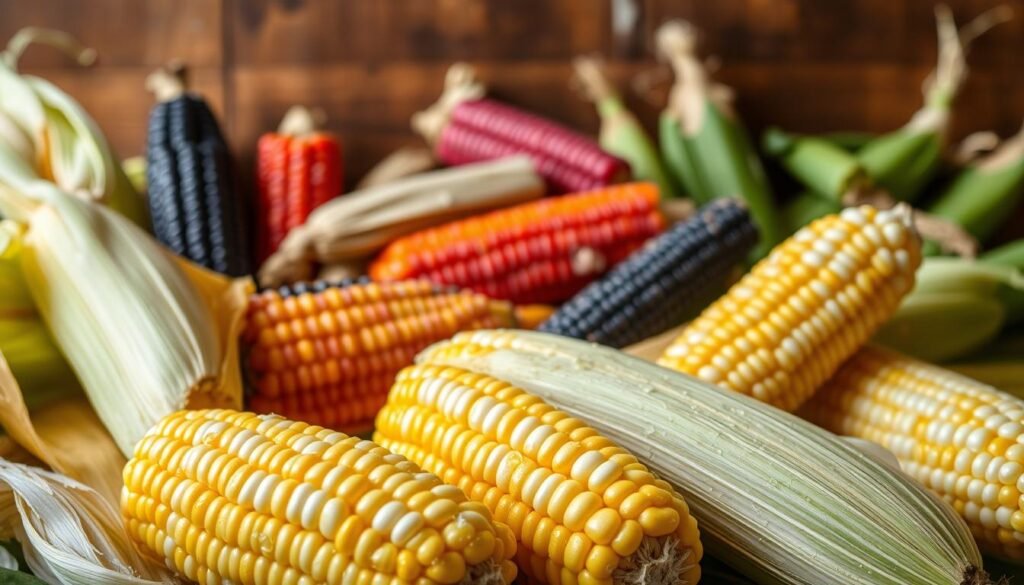 A vibrant still life showcasing an array of corn varieties, set against a warm, earthy backdrop. In the foreground, plump ears of yellow, white, and bi-color sweet corn glisten with droplets of water, their husks partially peeled back to reveal the succulent kernels within. In the middle ground, a smattering of heirloom corn types, such as red, blue, and purple, add pops of color and visual interest. The background features a rustic wooden surface, with hints of natural light filtering in to cast a soft, golden glow over the scene. The overall composition evokes the bounty of the harvest and the diverse options available for boiling and enjoying corn on the cob.