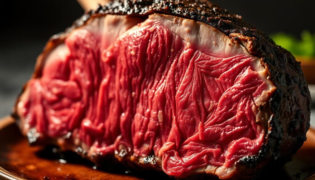 A visually striking close-up of a succulent prime rib roast, showcasing its distinct marbling and tender texture. The meat is seared to a perfect medium-rare, with a glistening, caramelized exterior. Dramatic lighting casts dramatic shadows, highlighting the intricate cut lines and the juicy, pink interior. The image conveys the rich, savory essence of premium-quality beef, inviting the viewer to appreciate the nuances of this iconic culinary centerpiece. Captured with a shallow depth of field, the prime rib is the undisputed focus, set against a softly blurred, neutral background to draw the eye directly to the star of the dish.
