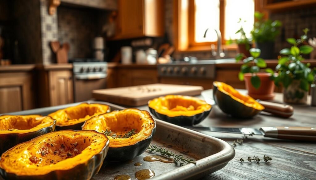 A warm, rustic kitchen scene. In the foreground, a baking tray holds halved acorn squash, their vibrant orange flesh exposed, drizzled with olive oil and seasoned with aromatic herbs. Soft, diffused lighting from a large window bathes the squash in a gentle glow, casting delicate shadows. In the middle ground, a wooden cutting board stands ready, accompanied by a sharp knife and a few sprigs of fresh thyme. The background reveals the cozy ambiance of the kitchen, with earthy-toned cabinets, a vintage-inspired oven, and a glimpse of a lush, green plant adding a touch of life. The overall atmosphere is one of homely comfort and the alluring aroma of baking squash, inviting the viewer to imagine the delicious, caramelized flavors to come.