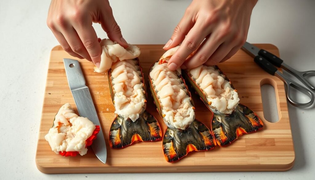 A well-lit, close-up image of a person's hands carefully removing the shells from fresh, raw lobster tails. The lobster tails are positioned on a clean, wooden cutting board, with a sharp knife and kitchen shears visible. The hands are delicately peeling away the tough, outer shell, revealing the tender, succulent meat underneath. The scene is set against a neutral, light-colored background, creating a sense of focus and attention to detail. The overall mood is one of precision and care, reflecting the importance of properly preparing lobster tails for cooking.