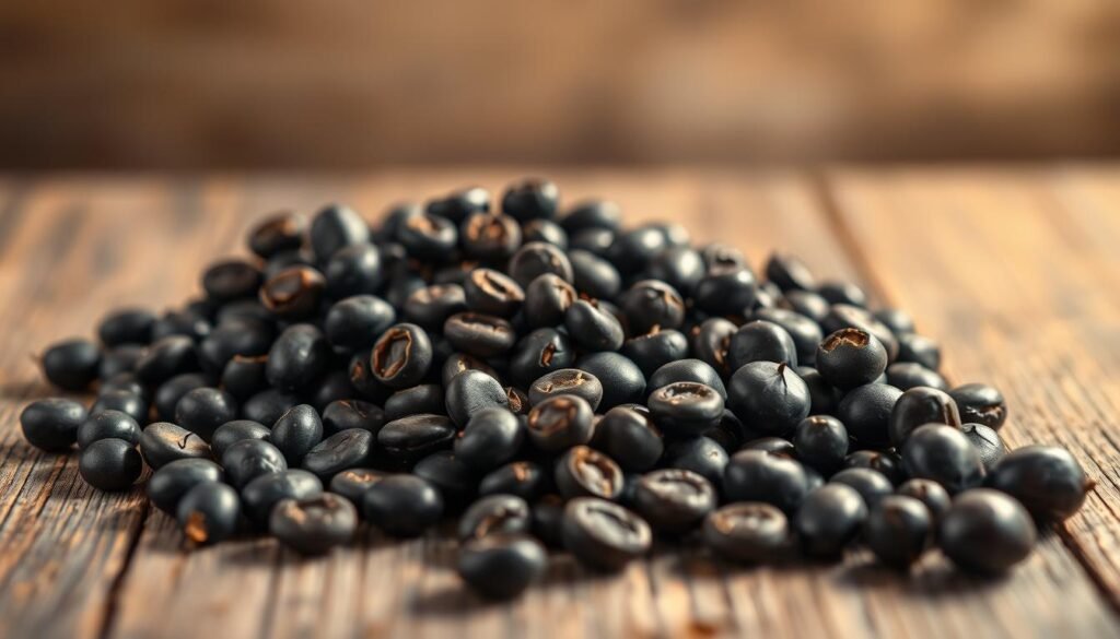 A well-lit, close-up shot of various types of black beans artfully arranged on a rustic wooden surface. The beans should be in the foreground, showcasing their unique shapes, sizes, and textures, with a soft, hazy background that provides a sense of depth and focus. The lighting should be warm and natural, casting subtle shadows to accentuate the beans' contours. The composition should be balanced and visually appealing, encouraging the viewer to closely examine the diverse characteristics of the different black bean varieties.