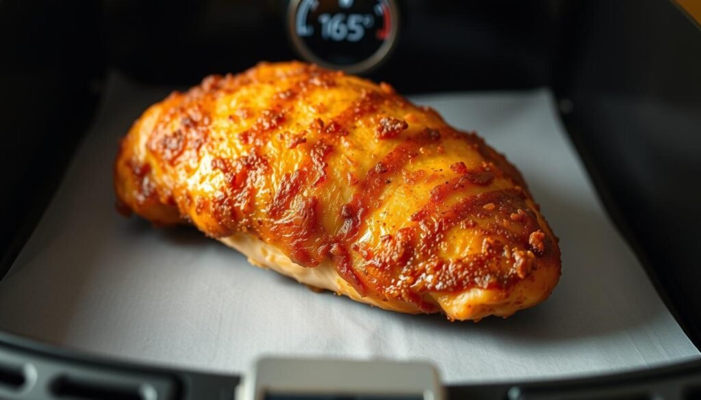 A well-lit, closeup shot of a perfectly golden-brown, crispy-skinned chicken breast, fresh out of an air fryer. The meat is moist and juicy, the temperature gauge on the appliance reading a precise 165°F. The air fryer's sleek, modern design is visible in the background, with a simple, minimalist aesthetic. Soft, even lighting illuminates the scene, casting a warm, appetizing glow. The camera angle is straight-on, showcasing the chicken in all its delectable glory, ready to be enjoyed as the pinnacle of air-fried perfection.