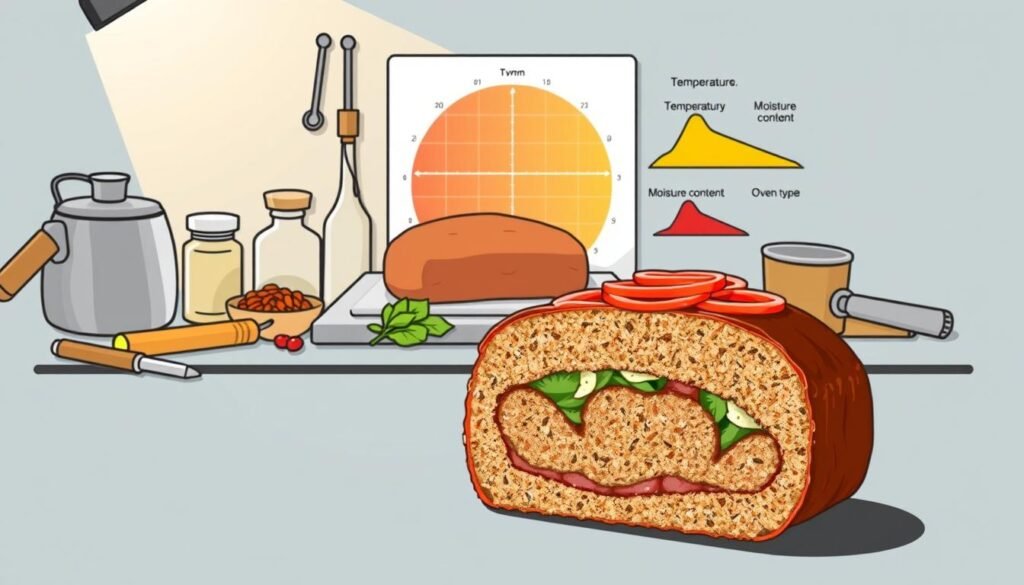 A well-lit, detailed illustration depicting the key factors that influence the cooking time of meatloaf. In the foreground, a cross-section of a meatloaf reveals its internal composition - the ratio of meat, breadcrumbs, and vegetables. In the middle ground, a collection of cooking implements and ingredients such as an oven thermometer, a meat probe, and various seasonings. In the background, a stylized heat map shows how temperature, moisture content, and oven type impact the cooking process. The overall scene conveys a sense of scientific understanding and culinary expertise.
