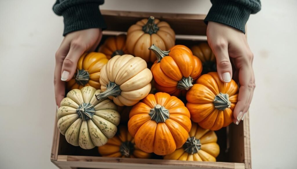 A well-lit, high-quality photograph of a person's hands carefully selecting several ripe, vibrant acorn squash from a wooden crate or basket. The squash have a range of colors, from deep orange to pale green, with distinctive ridges and stems. The background is a clean, neutral surface, allowing the squash to be the central focus. The lighting is natural and soft, creating subtle shadows that highlight the texture and form of the produce. The overall composition is balanced and visually appealing, showcasing the process of choosing the perfect acorn squash for a delicious, homemade recipe.