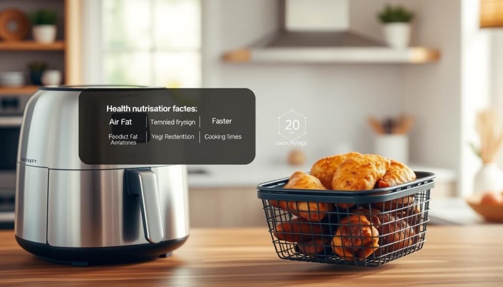 A well-lit, high-resolution image of the health benefits of air frying. In the foreground, a clean, stainless steel air fryer on a wooden countertop, its basket filled with crisp, golden-brown chicken breasts. In the middle ground, a floating display showcasing key nutritional facts: reduced fat and calories compared to traditional frying, enhanced flavor retention, and faster cooking times. In the background, a bright, airy kitchen setting with minimalist decor, conveying a sense of wellness and culinary sophistication. The image should have a soft, natural lighting, captured from a slightly elevated angle to emphasize the air fryer's sleek design and the delectable chicken.